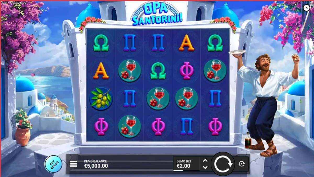 Cenário ensolarado de Santorini com elementos do slot Opa Santorini!