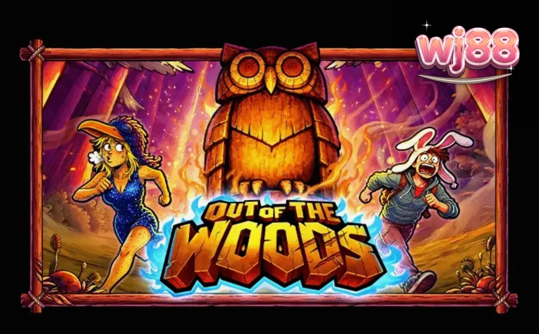 Cena temática do slot Out of the Woods com personagens em trajes de animais na floresta